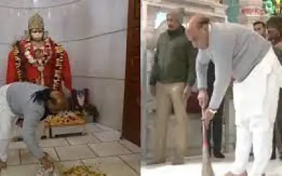 लखनऊ हनुमान सेतु मंदिर में राजनाथ सिंह ने की साफ़-सफाई