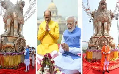 पीएम मोदी ने किया नए संसद भवन की छत पर लगा अशोक स्तंभ का अनावरण