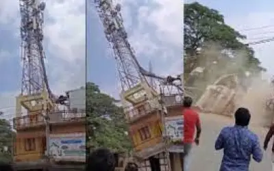 मोबाइल टावर गिरने पर भी बाल-बाल बचे 11 लोग